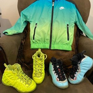 Bundle 2 pair of Nike sneakers and Nike jacket , Little posite and foamposite